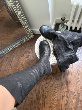 Japanese obscur Tall Black Leather Boots - Slouchy Knee-High Style